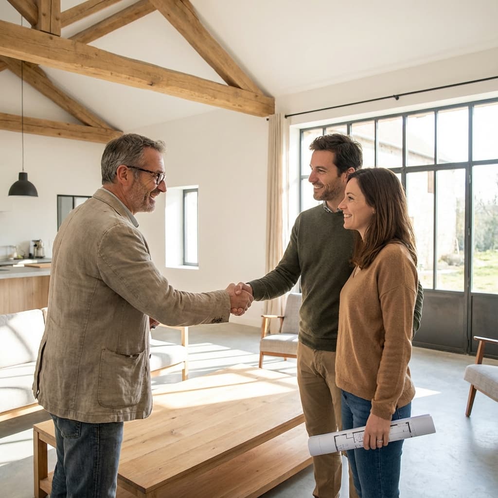 Artisan signant avec des clients heureux